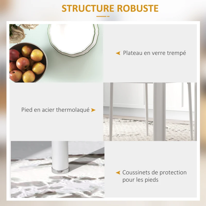 HOMCOM Ensemble de table à manger avec 4 chaises plateau en verre trempé, pieds en acier, pour cuisine salon blanc