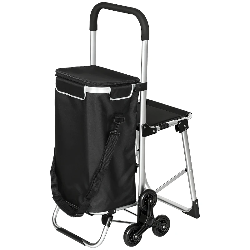 HOMCOM Cărucior de Cumpărături din Aluminiu cu Geantă de 40L Impermeabilă și Scaun, 46x59.5x97 cm, Negru și Argintiu