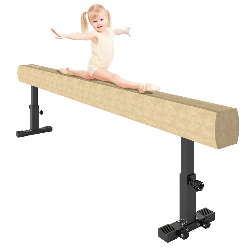 HOMCOM Poutre de Gymnastique 226 cm Antidérapant, Hauteurs Réglable, avec Roulettes, en Acier et Bois Massif, Marron