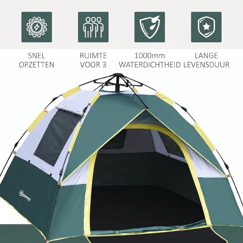 Outsunny tent voor 3-4 personen, kampeertent met haringen, koepeltent, polyester, groen