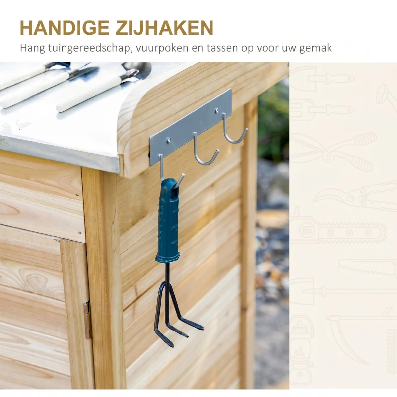 Outsunny planttafel met gegalvaniseerd werkblad, tuintafel met lade, kast, tuinwerktafel, massief hout, naturel, 112 x 45 x 125 cm