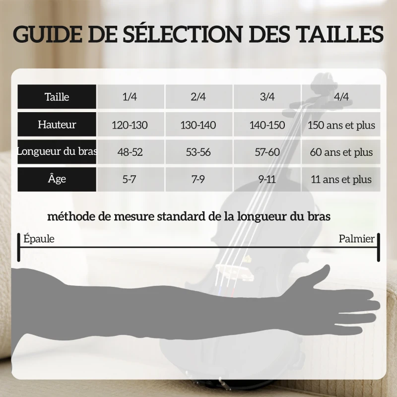 HOMCOM Violon 4/4 Ensemble de Violon en Bois Massif pour Adultes et Débutants avec Étui Léger et Portable 60 x 21 cm Noir