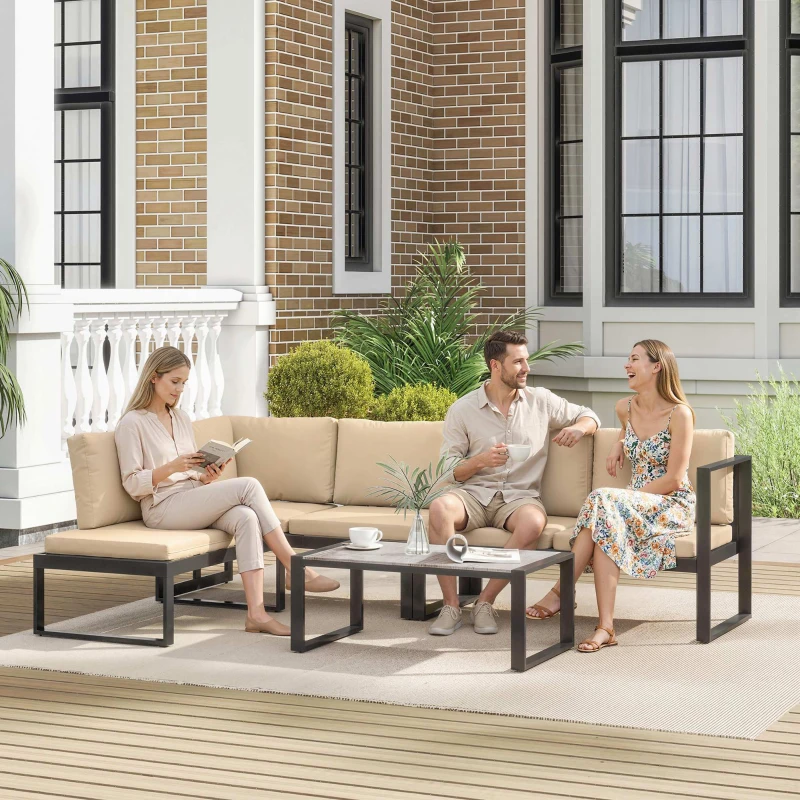 Outsunny 4-delige tuinmeubelset, sofaset met 2 tweezitsbanken, stoel zonder armleuningen en salontafel, voor balkon, khaki