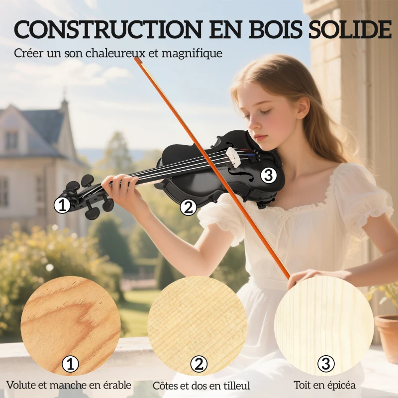 HOMCOM Violon 4/4 Ensemble de Violon en Bois Massif pour Adultes et Débutants avec Étui Léger et Portable 60 x 21 cm Noir