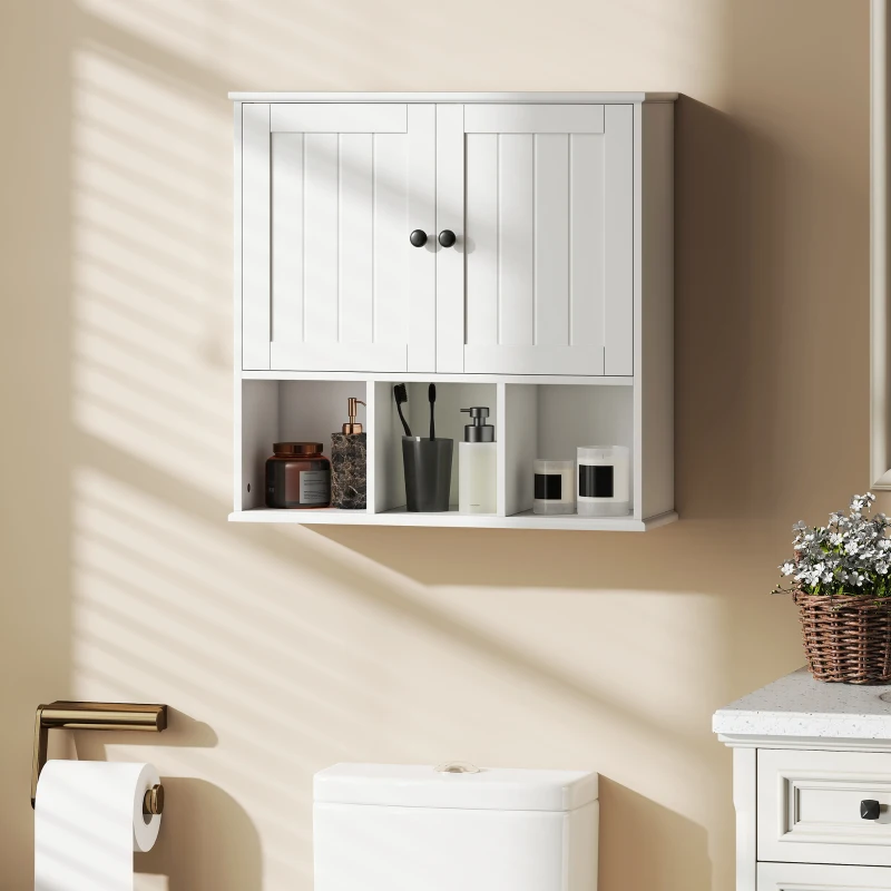 HOMCOM Armoire murale de salle de bain, meuble de rangement avec 2 portes, étagère réglable et compartiments ouverts, blanc