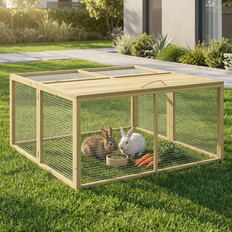 PawHut Kleindierenkooi, Konijnenstal met Opklapbaar Dak, Grenenhout, 120x120x57cm, Natuur(m-9)