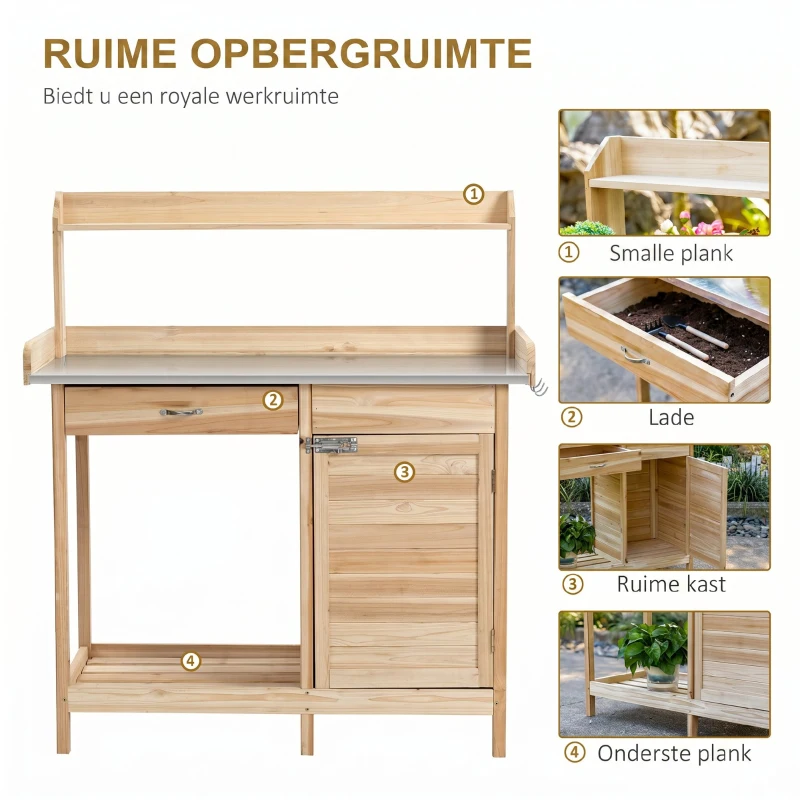 Outsunny planttafel met gegalvaniseerd werkblad, tuintafel met lade, kast, tuinwerktafel, massief hout, naturel, 112 x 45 x 125 cm