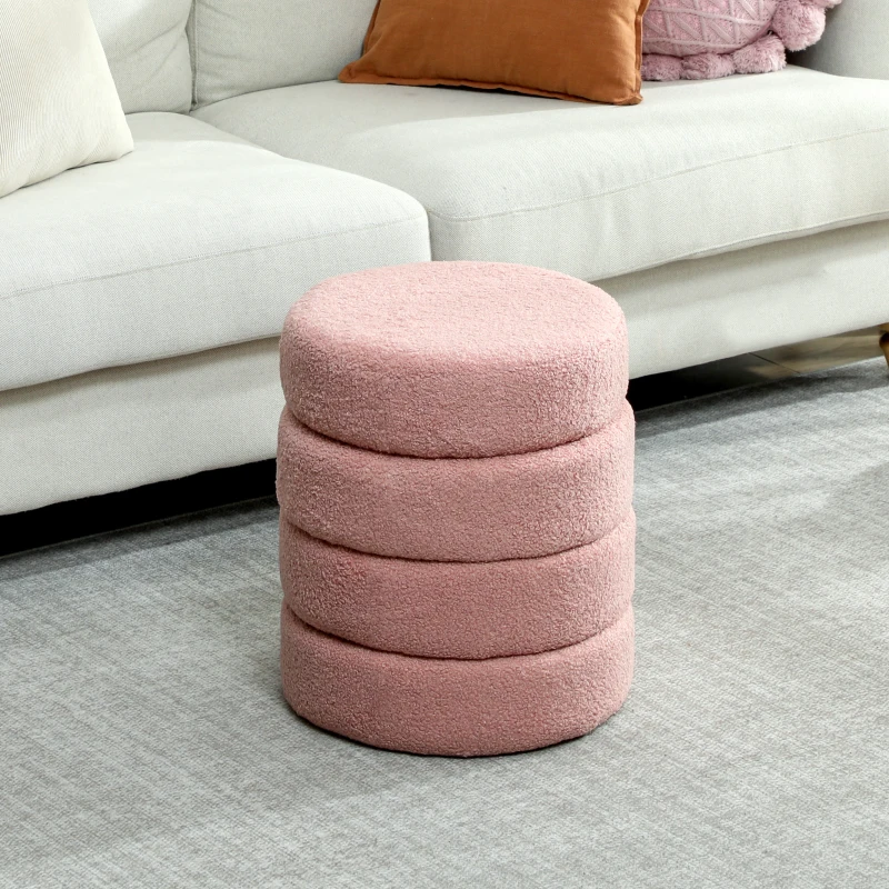 HOMCOM Repose pied salon, tabouret ottoman rond rembourré en peluche Teddy, pour chambre à coucher, entrée, Ø 40 x 45 cm, rose