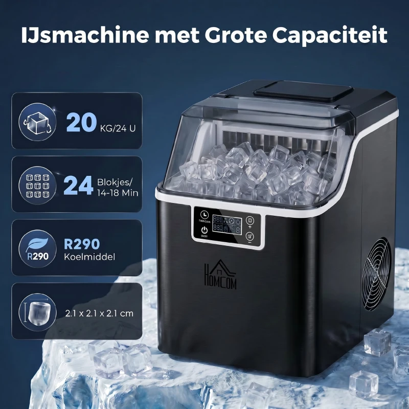 HOMCOM Eisblokjesmachine IJsblokjesdispenser Ice-Maker 20kg/24u 2,3L IJsbereider met 3,2L Watertank, Zwart