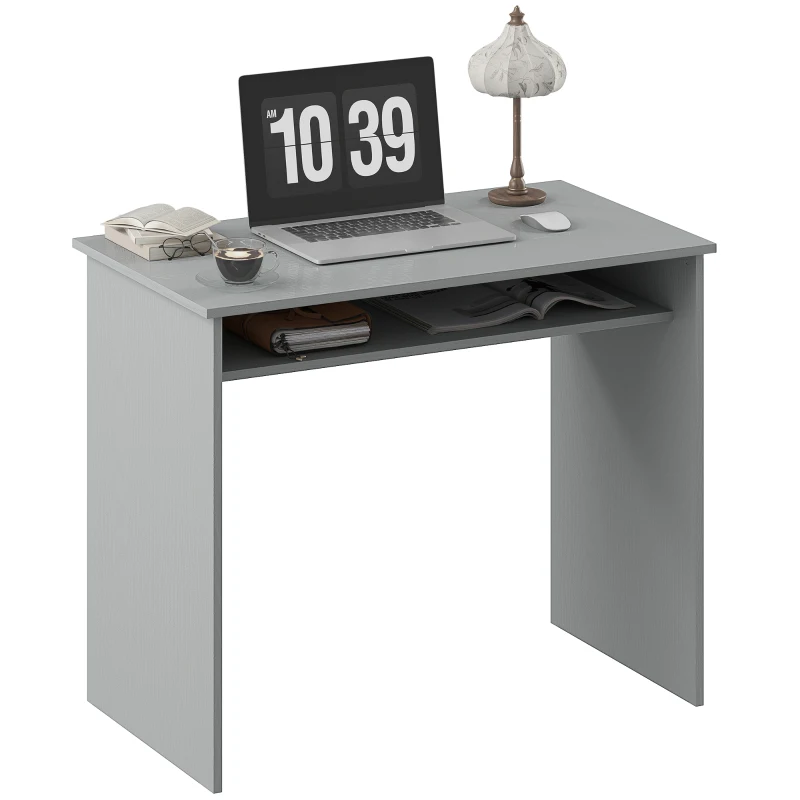 HOMCOM Bureau informatique sobre épuré compact avec 1 étagère, panneaux de particules, dim. 90l x 50P x 74H cm, gris