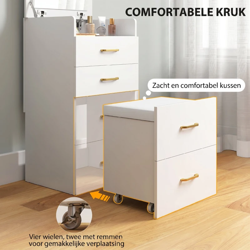 HOMCOM 3-in-1 Make-uptafel met Spiegel, Nachtkastje, Rollende Kruk, Lades, Wit(m-6)