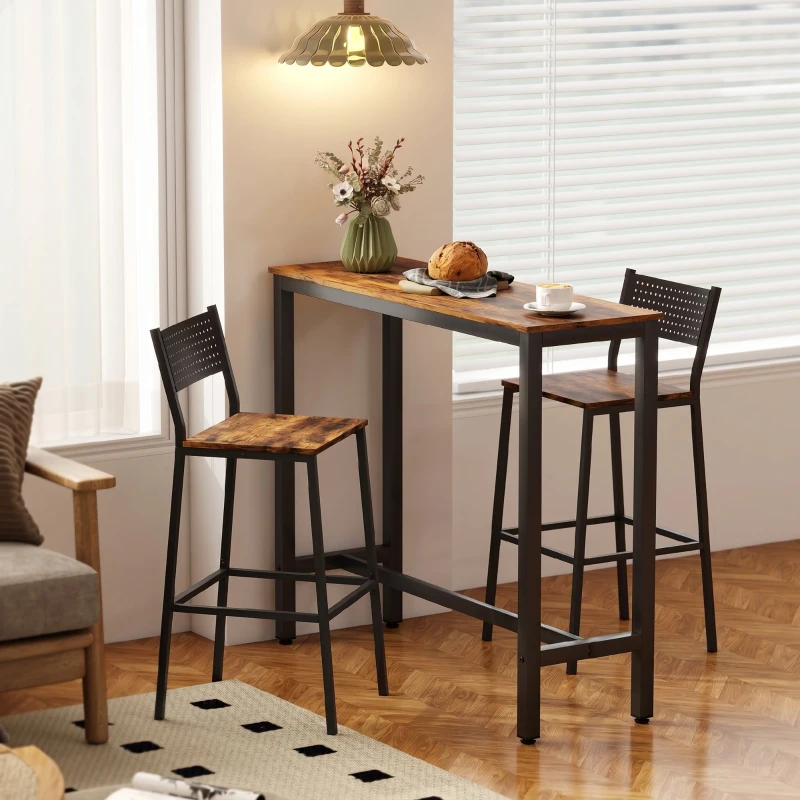 HOMCOM Tavolo Bar Alto e Rettangolare in Stile Industriale, in Acciaio e Legno, 120x40x100 cm Marrone Rustico