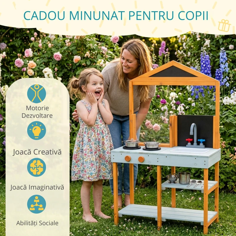 AIYAPLAY Bucătărie de noroi pentru copii, bucătărie de joacă din lemn pentru exterior cu plită, chiuvetă detașabilă, rafturi pentru copii 3-8 ani, Albastru deschis