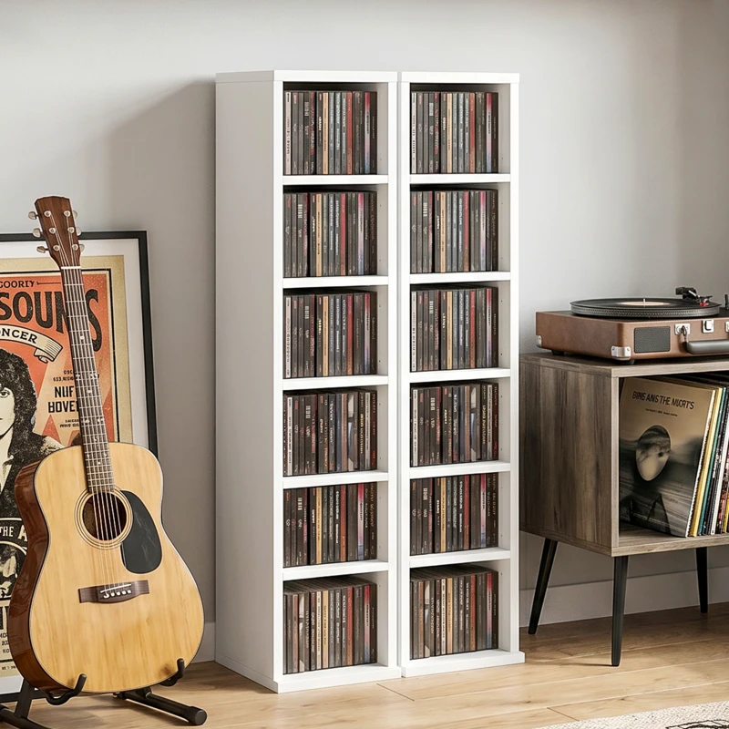 HOMCOM 204 CD-Aufbewahrungsregale im 2er-Set, Blu-Ray-Turmständer mit verstellbaren Regalböden, Bücherregal-Organizer, Weiß