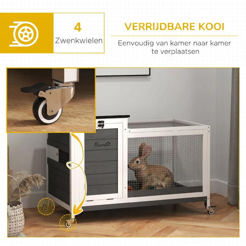 PawHut Houten Konijnenhok met Loopgedeelte, Wielen en Opklapbaar Dak voor Binnen & Buiten 92 x 52 x 67 cm Donkergrijs(m-6)