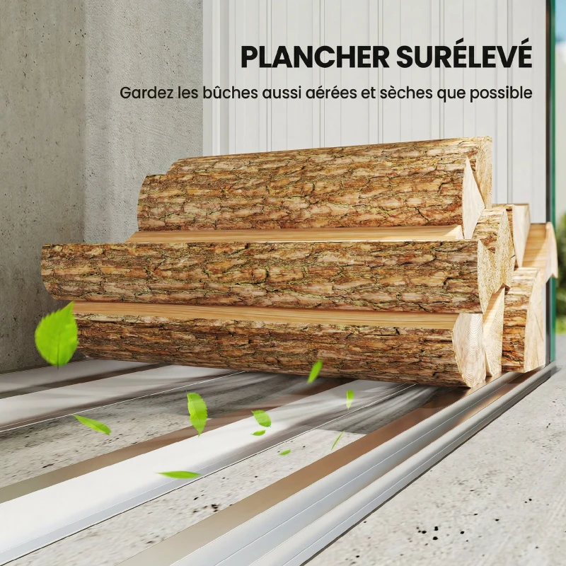 Outsunny Abri-bûches Couvert Support pour Bois de Chauffage Plancher Surélevé Toit Incliné, Acier Galvanisé 213x66,5x150cm Vert