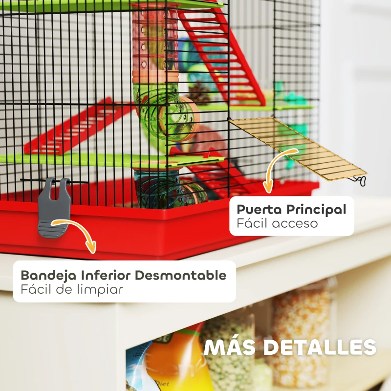 PawHut Jaula para Hámster de 5 Niveles 47x30x59 cm con Túnel Comedero Bebedero Casita Rueda de Ejercicio Escaleras Rojo