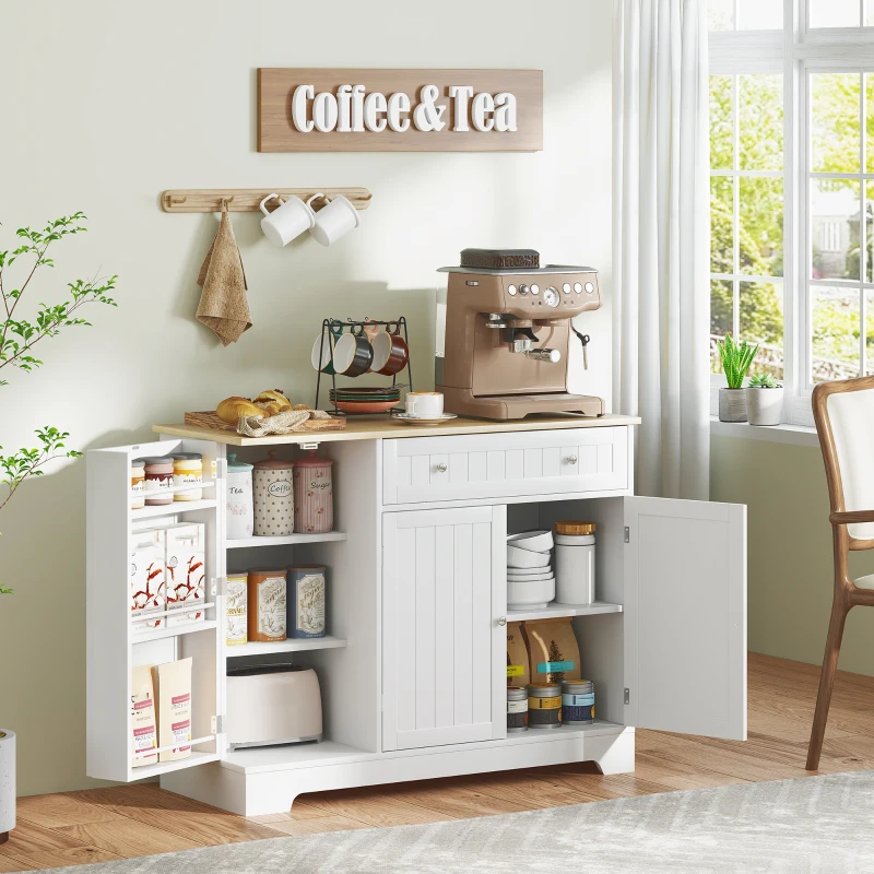 HOMCOM Aparador de Cocina Armario de Cocina 3 Estantes de Puerta Cajón Estantes Ajustables para Comedor 105x40x83 cm Blanco