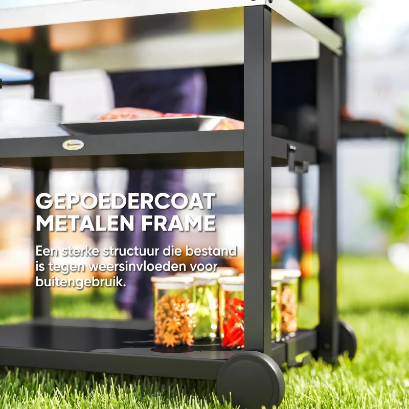Outsunny Grillwagen 3-Etagen met Werkoppervlak, Planken, Haken, Wielen, Roestvrij Staal, 102x50x81cm, Koolgrijs