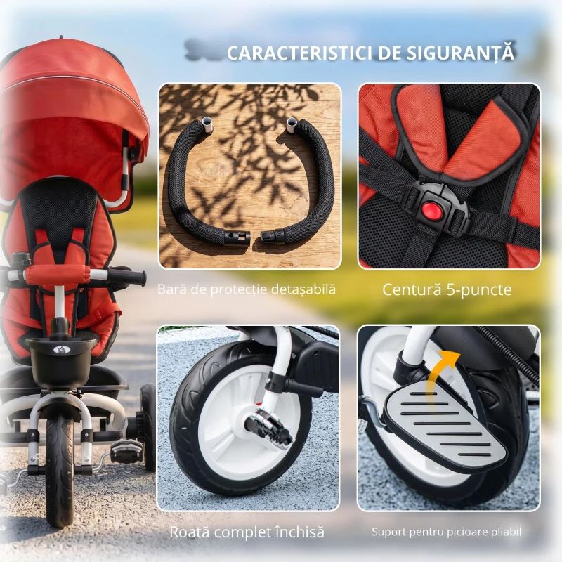 HOMCOM Tricicletă pentru copii 6-in-1 cu Mâner de Împingere, Terasă, Centură, Coș, 18+ Luni, Roșu