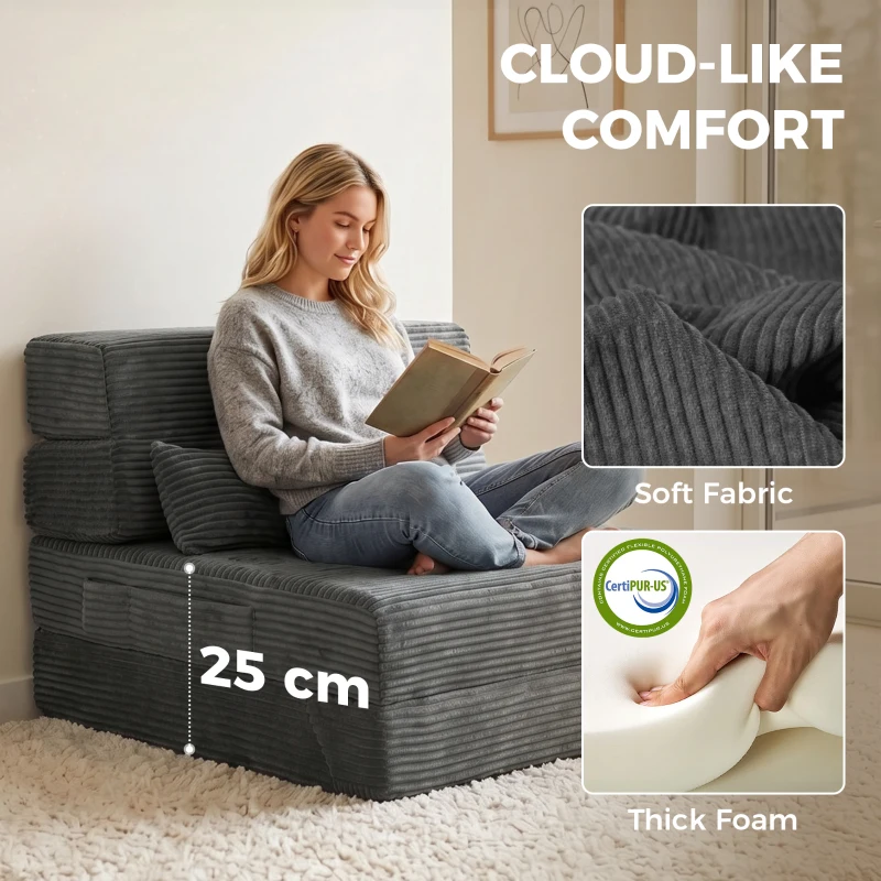 HOMCOM Krzesło podłogowe z oparciem, sztruks Boneless Cloud składana sofa do spania z grubym wypełnieniem, ciemnoszary