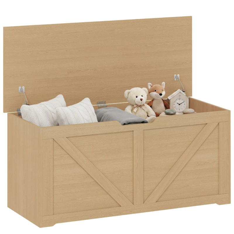 HOMCOM 127L Home Storage Box, with Safety Hinges - Nature Wood Finish
