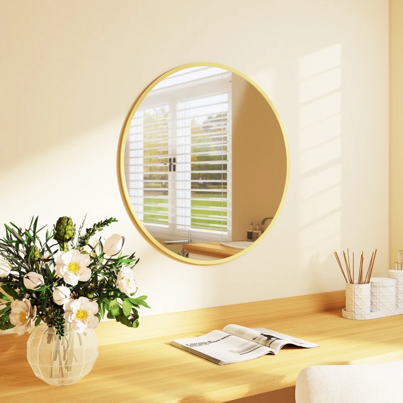 HOMCOM 61cm Decorative Wall Mirror for Bedroom Living Room, Modern Round Bathroom Mirror for Home Decor, Gold Tone