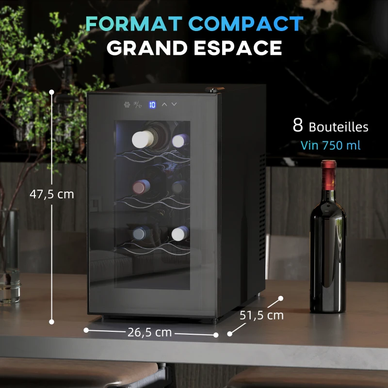 HOMCOM Cave à vin 8 bouteilles 21L, réfrigérateur à vin et boissons avec température réglable 8-18°C, porte en verre, noir