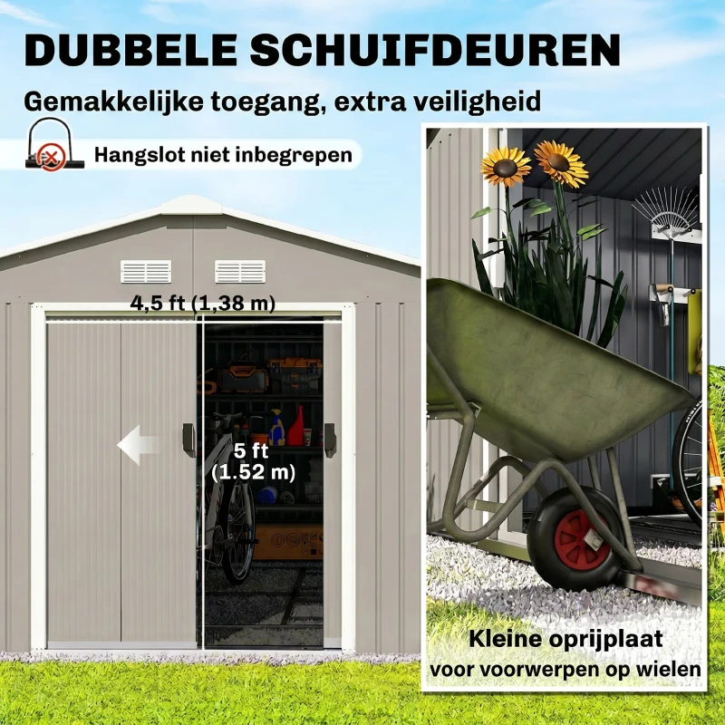Outsunny Berging, Weerbestendig tuinhuis voor tuingereedschap, met ventilatieramen, schuifdeuren, staal, lichtgrijs(m-5)