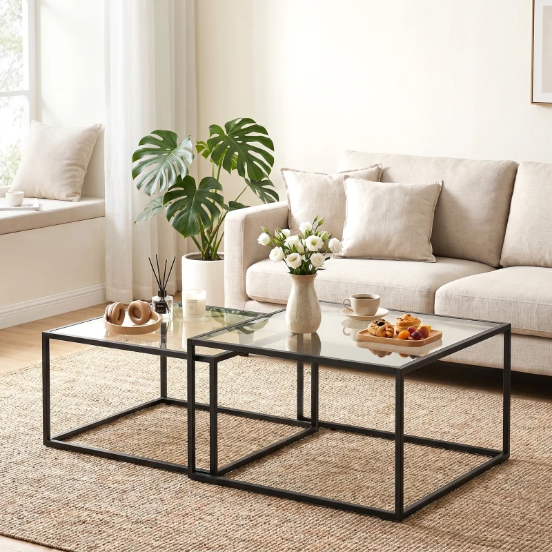 HOMCOM Couchtische 2er-Set Satztisch mit gehärteter Glasplatte und Metallrahmen, für Wohnzimmer Schwarz