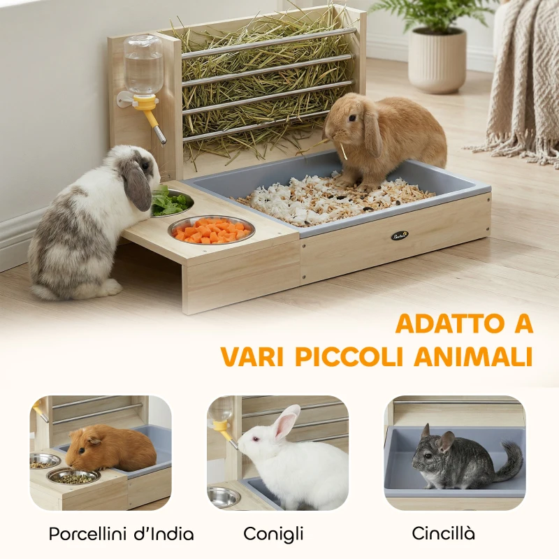 PawHut Mangiatoia per Conigli in Legno con Portafieno, Ciotola in Acciaio e Serbatoio Acqua, 58x40x32 cm, color Legno