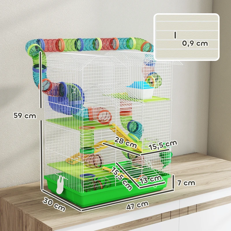 PawHut Jaula para Hámster de 5 Niveles 47x30x59 cm con Túnel Comedero Bebedero Casita Rueda de Ejercicio Escaleras Verde