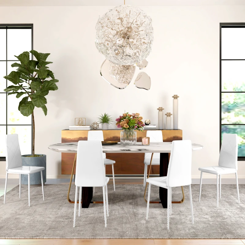 HOMCOM Set de 6 Scaune de Dining Moderne cu Spătar Înalt din Piele Ecologică și Oțel, 41x50x97 cm, Alb