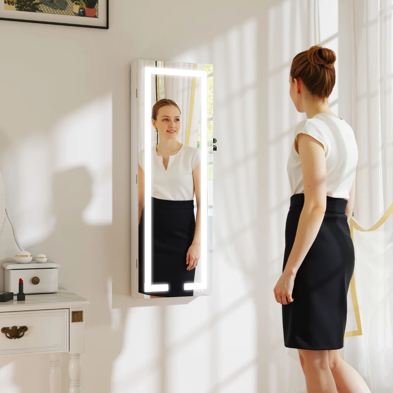 HOMCOM Armadietto Portagioie da Parete o Porta con Specchio Interno e Luci LED, con Serratura e Chiave, Tasca con Zip, Bianco
