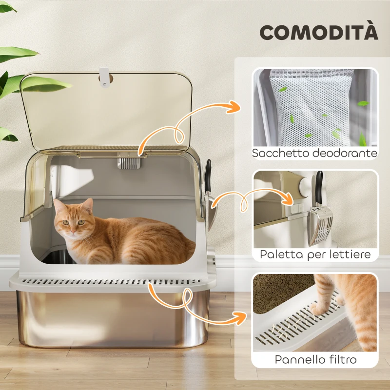 PawHut Lettiera per Gatti Chiusa XXL in Acciaio Inox, Coperchio Apribile a 90° e Doppie Porte, 70x50x46.5 cm, Grigio