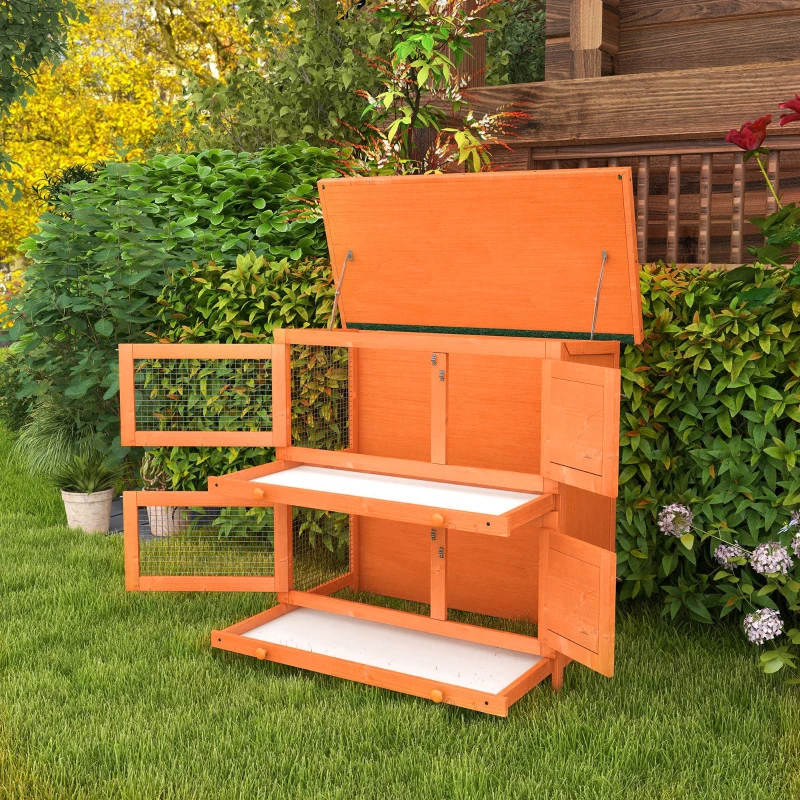 PawHut Conejera de Madera Exterior de 2 Niveles Jaula para 1-2 Conejos Mascotas Pequeñas con Techo Asfáltico Abrible y 2 Bandejas Extraíbles 90x45x90 cm Madera Natural