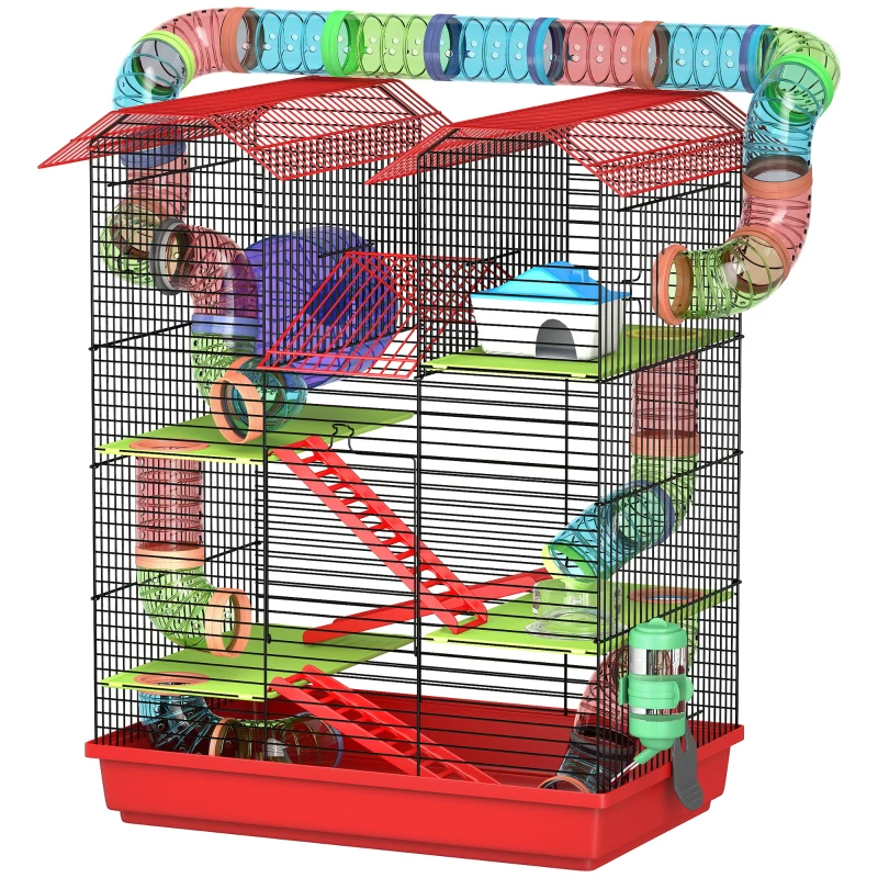 PawHut Jaula para Hámster de 5 Niveles 47x30x59 cm con Túnel Comedero Bebedero Casita Rueda de Ejercicio Escaleras Rojo
