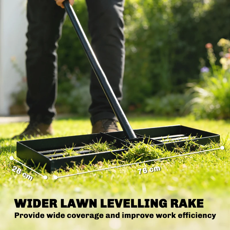 Outsunny Lawn Levelling Rake, 76 x 26 cm Lawn Leveller Lute with 169 cm Handle for Grass Soil Sand Yard Golf Course