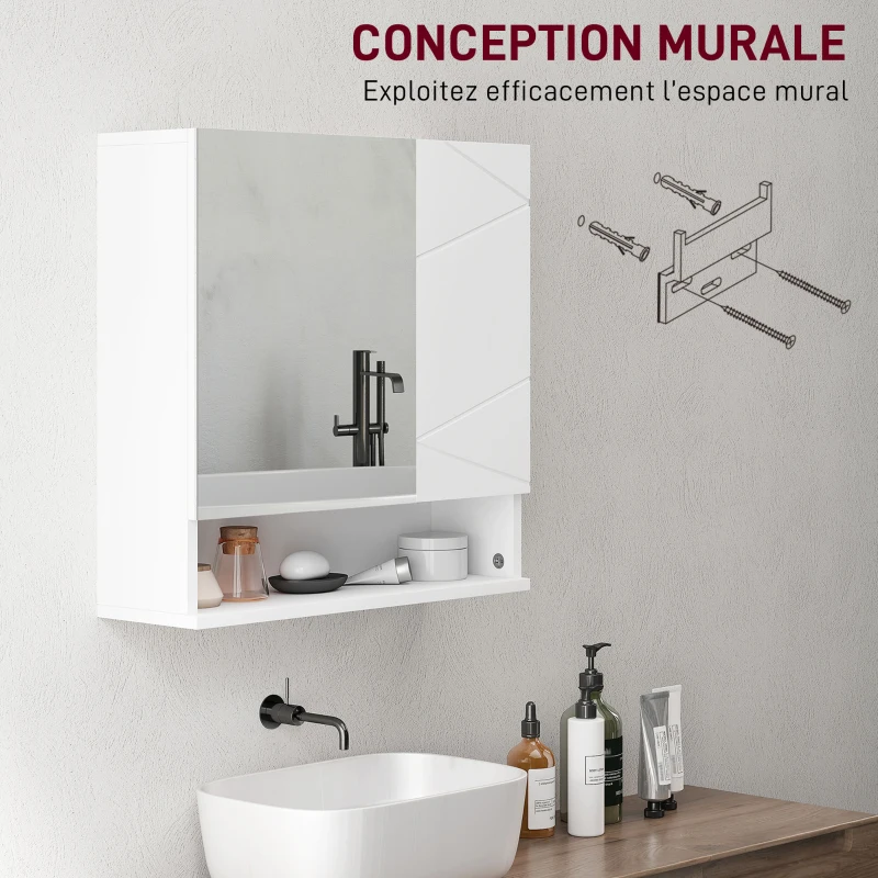 kleankin Armoire murale miroir de salle de bain placard de rangement 2 portes 55 x 17 x 55 cm blanc