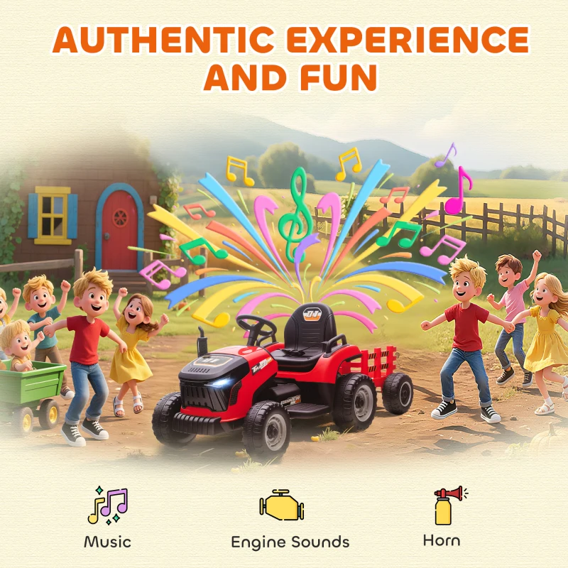 AIYAPLAY Tracteur électrique enfants avec remorque amovible, voiture électrique enfants, télécommande 2,4G, 139x58x55cm, rouge
