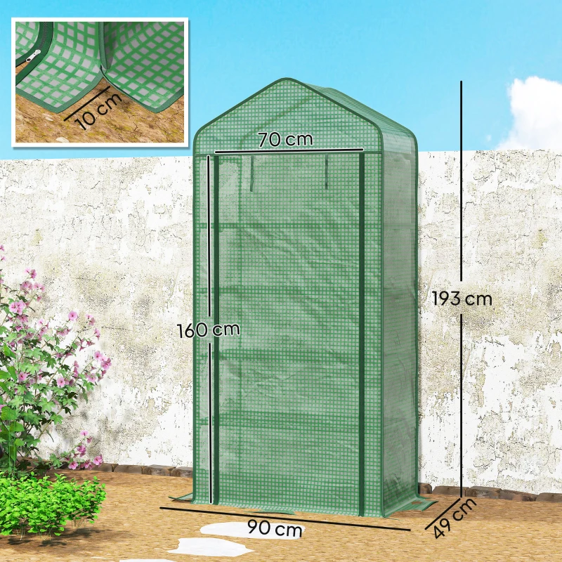 Outsunny 5 Tier Widened Mini Greenhouse with Reinforced PE Cover, Portable Indoor Outdoor Green House with Roll-up Door and Wire Shelves, 90 x 49 x 193cm, Green
