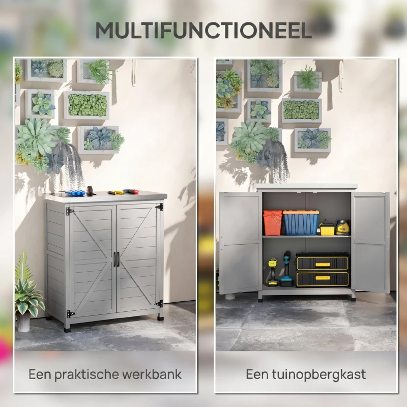 Outsunny Tuinkast, Buitenkast met Werkvlak, Gereedschapskast, Massief Hout, Staal, 79B x 43D x 92H cm, Grijs(m-4)