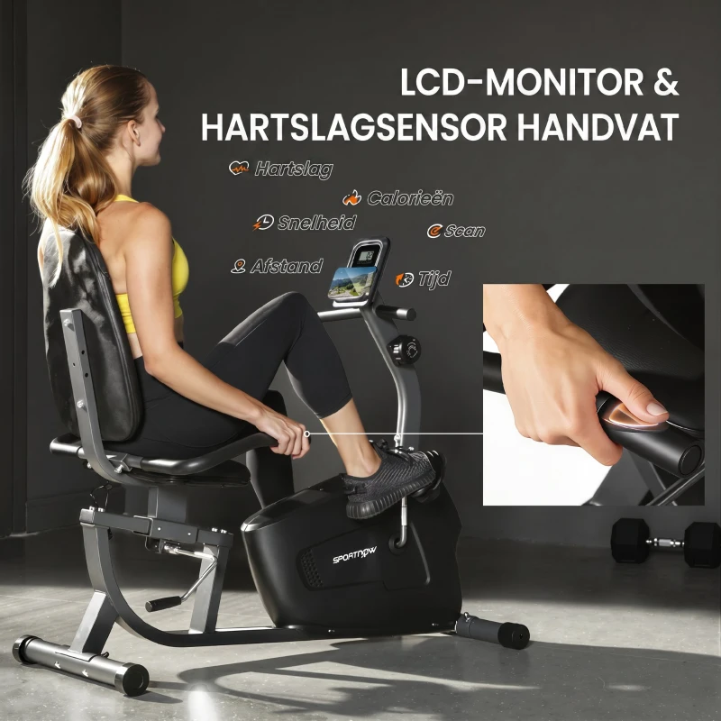 SPORTNOW Hometrainer, magnetische ligfiets, 8 weerstandsniveaus, verstelbaar, LCD-monitor, metaal, kunststof, zwart