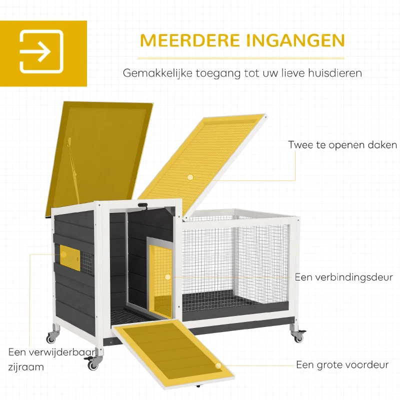 PawHut Houten Konijnenhok met Loopgedeelte, Wielen en Opklapbaar Dak voor Binnen & Buiten 92 x 52 x 67 cm Donkergrijs(m-5)