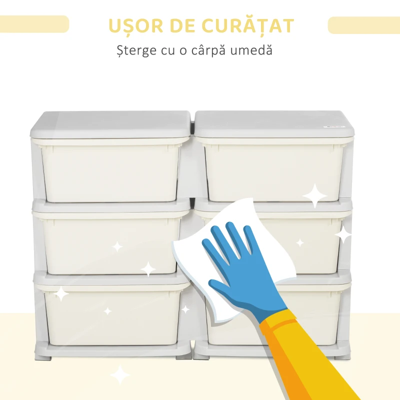 HOMCOM Comodă cu 6 sertare pentru copii de 3-6 ani, cu margini rotunjite, din PP crem, 75x37x56.5 cm