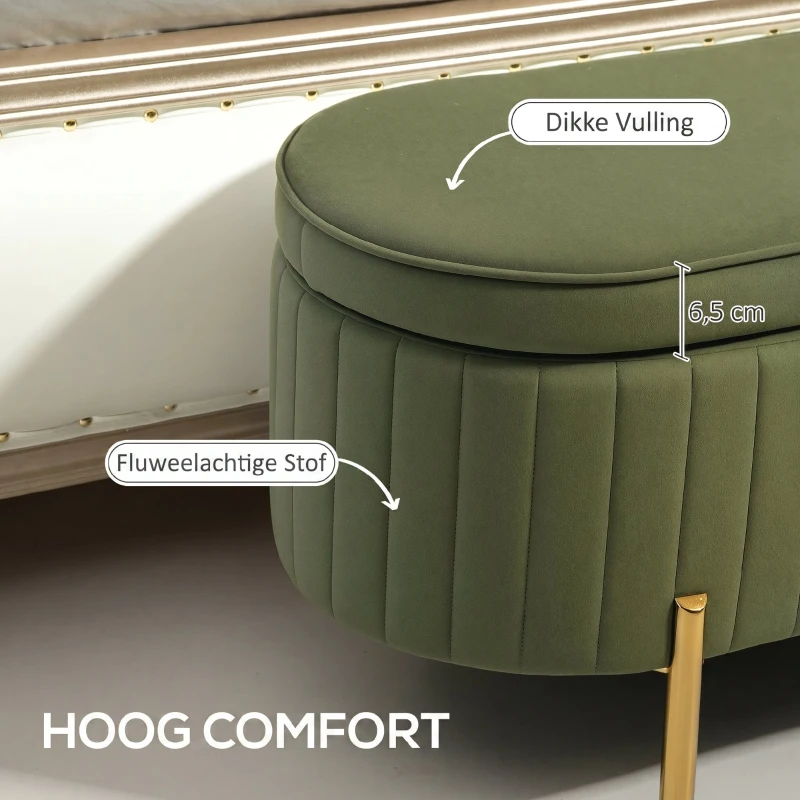 HOMCOM Opbergbank Ovaal met 72L Opbergruimte en Opklapbaar Deksel in Fluwelen stof en Hout, 108x44x43,5 cm, Donkergroen(m-4)