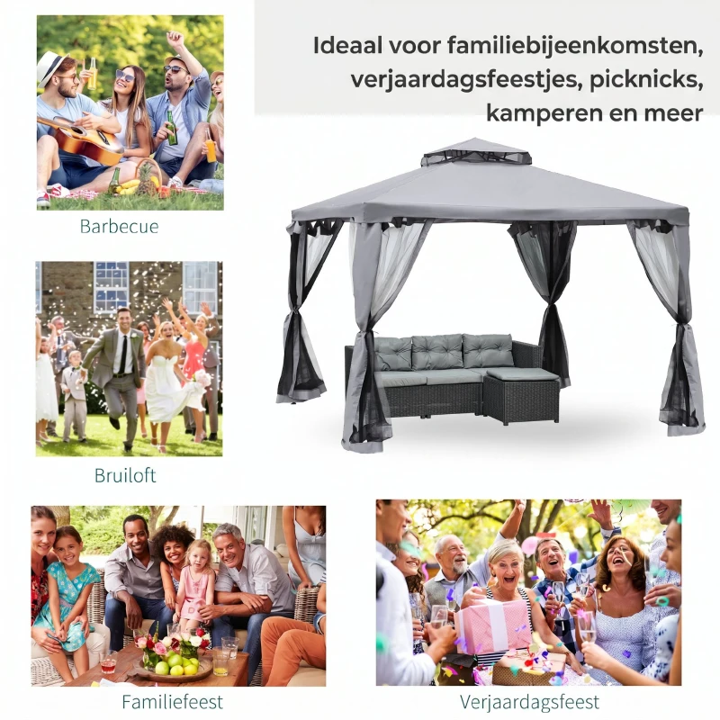 Outsunny Tuinpaviljoen 3x3 Tuin Paviljoen Met Muggengaas voor Feesten en Ontvangst, Grijs