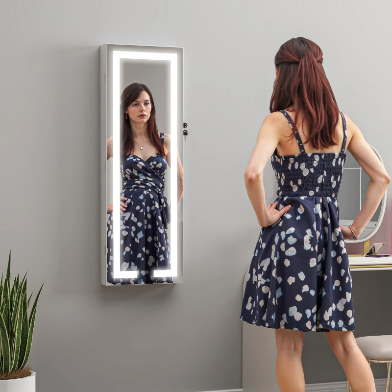 HOMCOM Armadietto Portagioie da Parete o Porta con Specchio Interno e Luci LED, con Serratura e Chiave, Tasca con Zip, Bianco