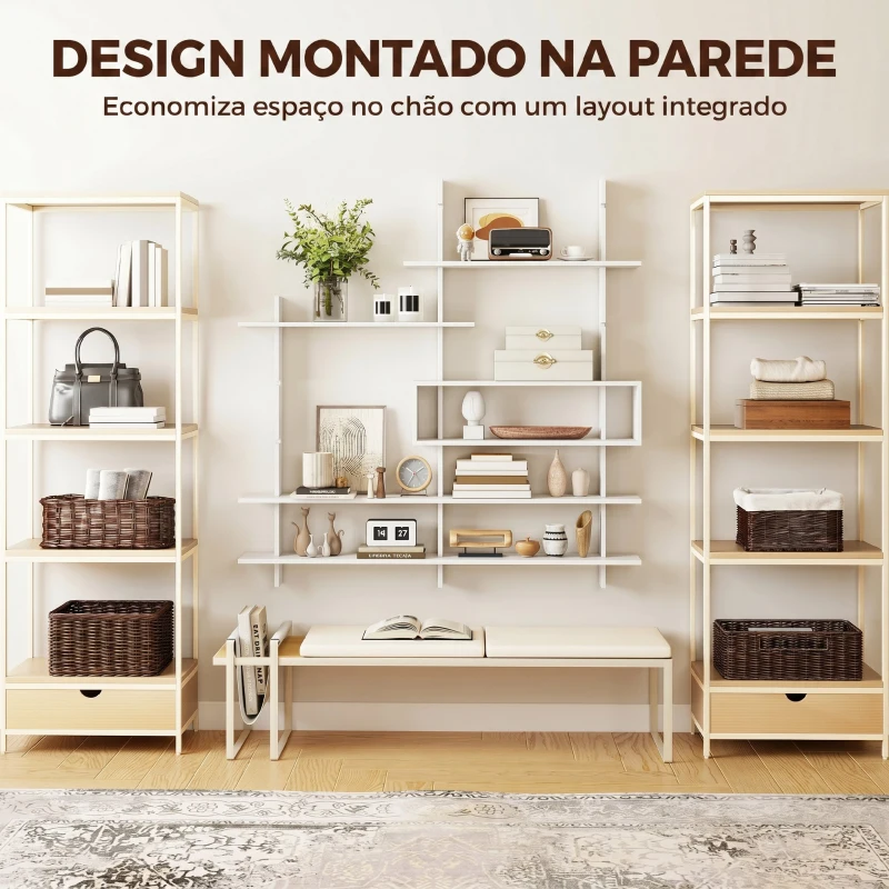 HOMCOM Estante Flutuante de Parede Geométrica Branca com 4 Níveis e Compartimento Central 136x20x140 cm Branco
