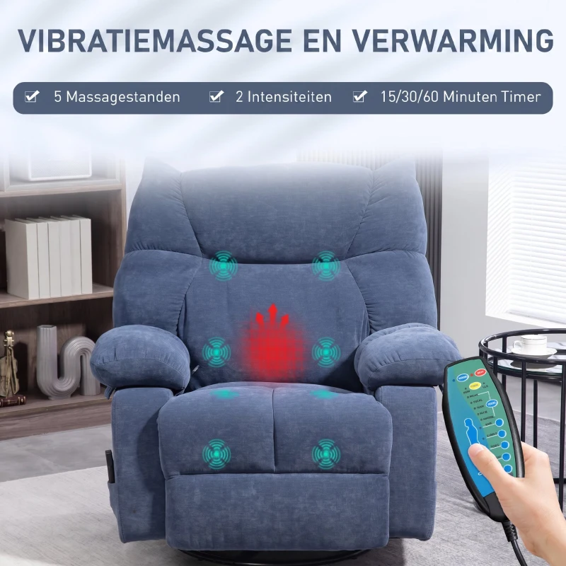 HOMCOM Massagestoel handbedienbare met Warmte- & Ligfunctie Draaibaar, tot 150 kg, Blauw(m-5)